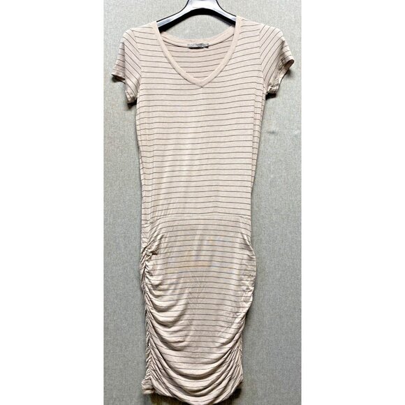 Prana Dresses & Skirts - Prana Womens Jersey Knit Dress Size Medium Tan Black Stripped Sides Cinched